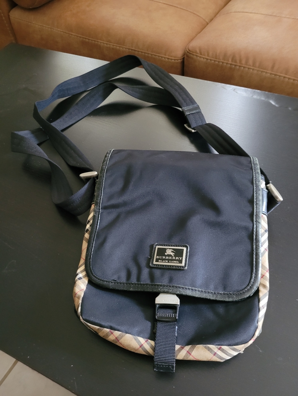 Burberry Black Label Black Messenger Bag with Beige Check Trim